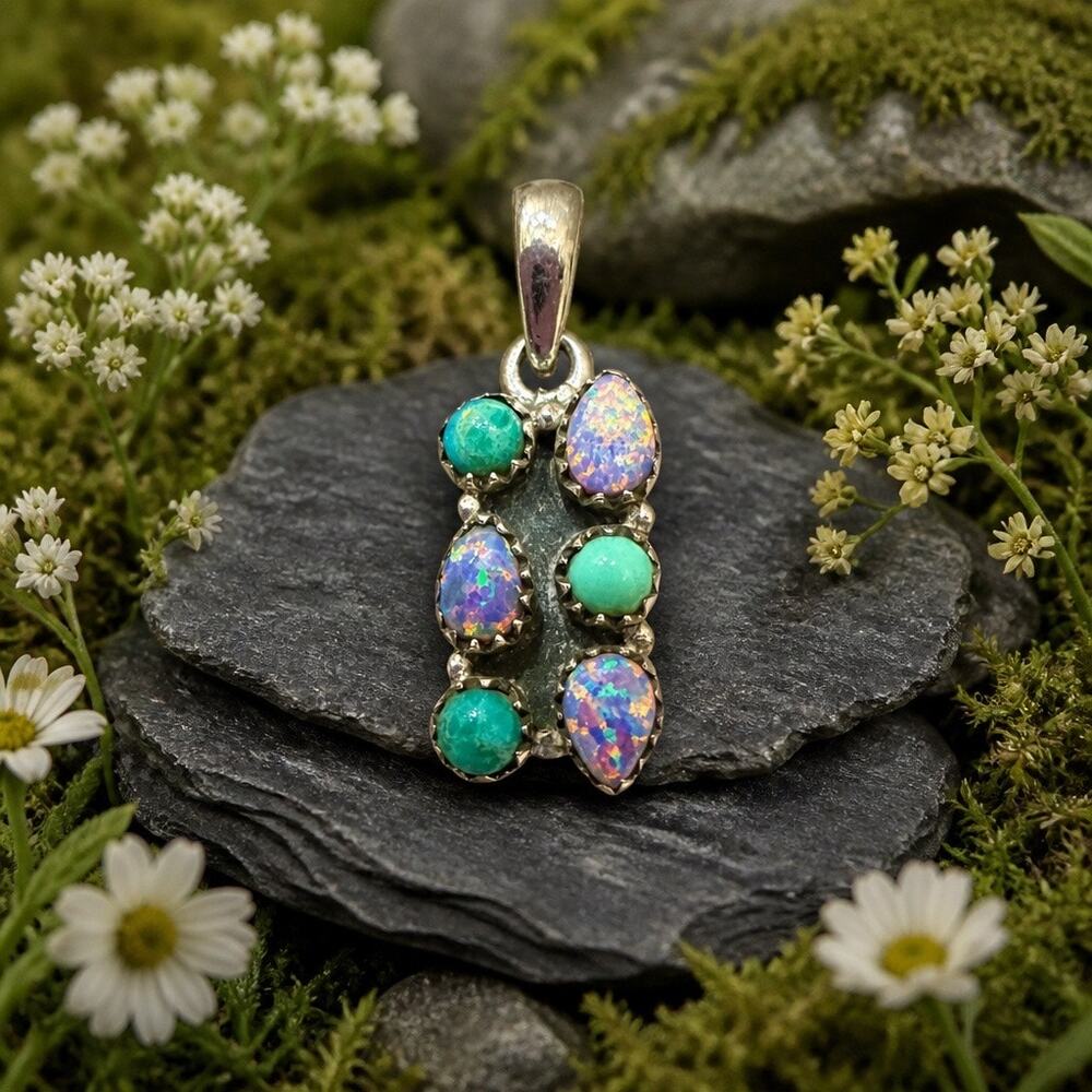 Balloon Opal & Kingman Turquoise Pendant Dainty 1” 925 Silver